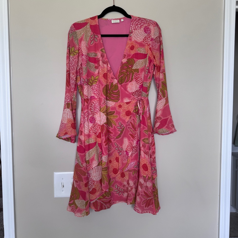 Spartina 449 Pink Tropical Floral Wrap Dress Long Bell Sleeve XS V-Neck Mini